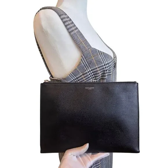 Saint Laurent YSL Black Leather Zip Pouch Clutch Grain de Poudre Caviar Leather - Picture 13 of 15